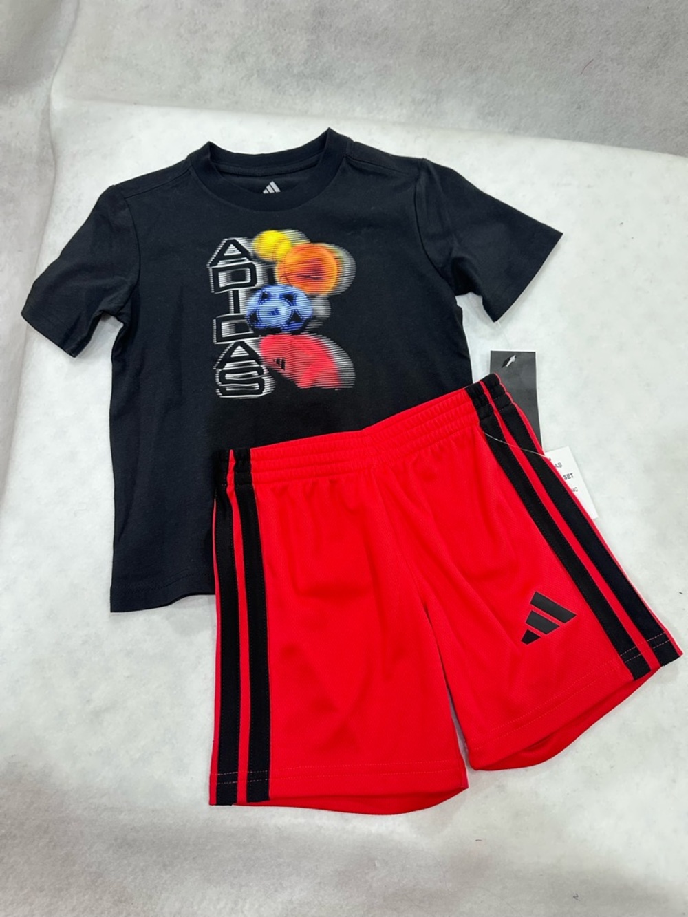 Boy’s Adidas Black Graphic Tee with Red Athletic Shorts